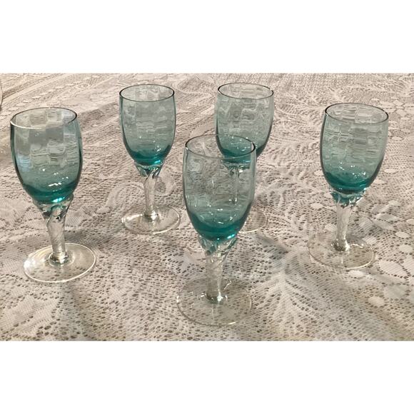 Empoli Italian Teal Blue Twisted Stemware 5 Stem Cordials Glass Set 4.25” - Picture 1 of 9